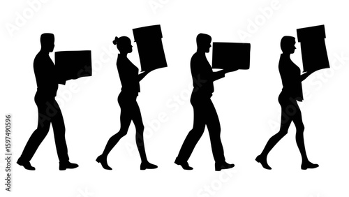Moving Boxes: A silhouette captures individuals carrying boxes, depicting movement and purpose. The simplicity highlights the act of transport and conveys a sense of relocation or delivery.