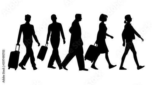 Silhouetted Travelers: A line of travelers confidently strides forward, each pulling a suitcase, their forms captured in elegant silhouette, embodying the essence of travel and journey.