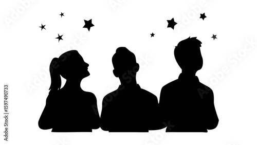 Star Gazers' Silhouette: A trio of figures, cast in dark silhouette, are gazing upwards towards a constellation of twinkling stars, exuding a sense of wonder and dreams.
