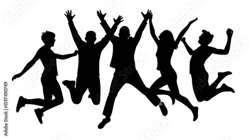 Silhouetted Team's Elation: Capturing the dynamic leap of a cohesive team, a silhouette image portrays a scene of pure joy and spirited togetherness.