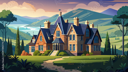 An elegant stone manor in the Scottish Highlands with slate roof, wide chimneys, and surrounding foggy meadows, echoing tales of history and solitude