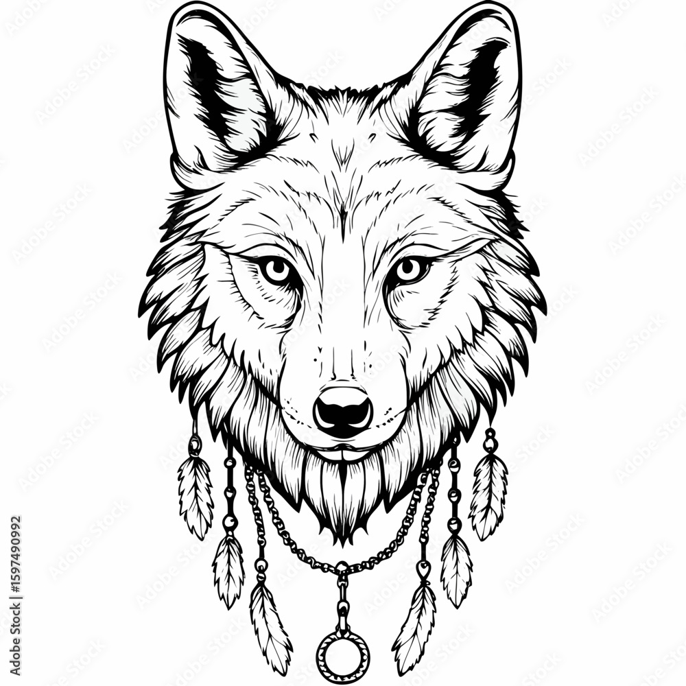 Fototapeta premium Detailed Black and White Wolf Head with Dreamcatcher Feathers - Vector Illustration