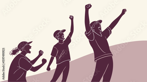 Silhouette of triumphant youth: Capturing the joy of achievement through a vibrant illustration, celebrating victory and embodying success with dynamic motion, emphasizing unity, ambition.