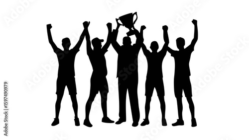Silhouette of Victory: A unified silhouette of a triumphant team celebrates a win by raising a trophy