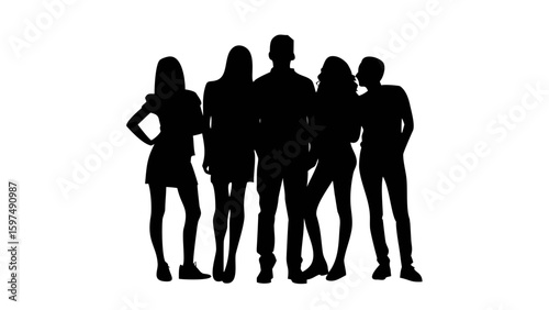 Silhouette of a Group: A group of five individuals stand closely together, silhouetted against a background, creating a sense of mystery and unity. Emphasizing style, personality.