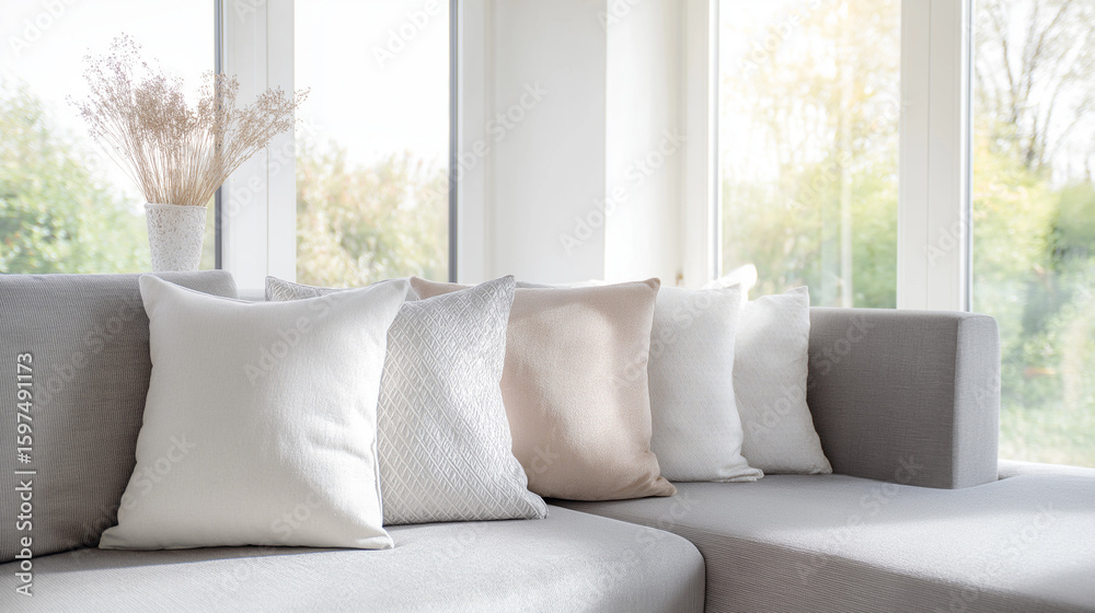 Minimalist Scandinavian living room with gray sofa and decorative pillows, bathed in soft natural light. Minimalist Scandinavian living room with gray sofa and decorative pillows, bathed in soft natural light.