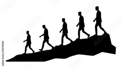 Progress Silhouette: A series of interconnected silhouettes, meticulously ascending a rugged, symbolic peak, each figure embodying a stage of growth and ascent.