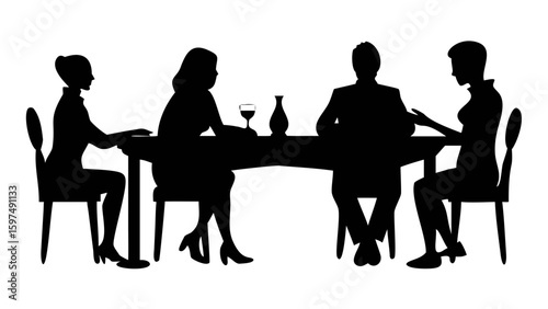 Dining Silhouette: An elegant, minimalist silhouette portrays four individuals seated at a dining table. The refined scene evokes conversation and conviviality. 