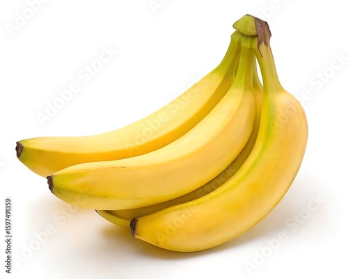 A bunch of ripe yellow bananas with green stems displayed against a clean white background offering a fresh and healthy food concept