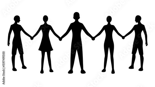 Unity in Silhouette: A group of figures hold hands together in a monochrome portrayal, symbolizing solidarity, cohesion, and mutual support against isolation and separation.