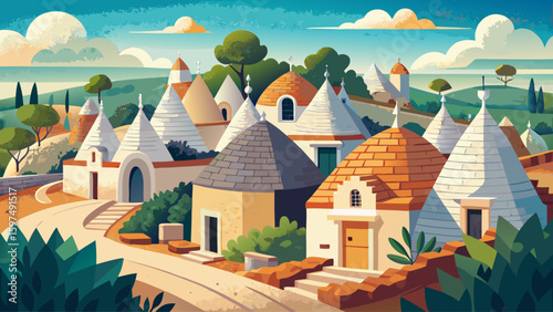 A hilltop trullo house in Alberobello, Italy, built with conical stone roofs and whitewashed walls, representing ancient Apulian rural architecture