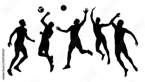 Volleyball Silhouette Action: A dynamic silhouette captures the intensity of a volleyball game, with players leaping, spiking, and strategizing against a stark contrast background.