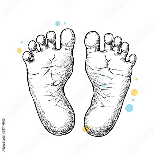 Sketch of bare feet with watercolor background in soft colors  