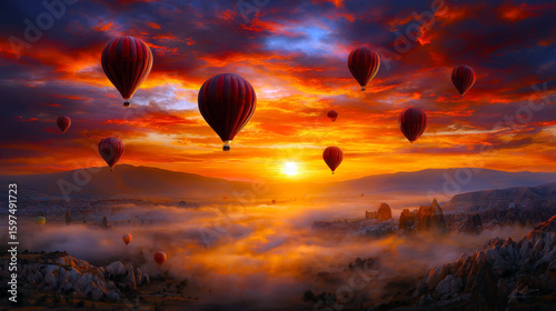 Experience the breathtaking beauty of colorful hot air balloons gracefully floating above a misty landscape at sunrise, where the sky transforms into a vivid palette of hope and serenity.