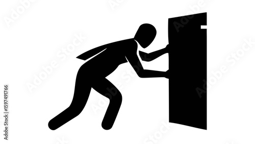 Determination: Silhouette of a determined individual striving to open a door. The simple yet compelling graphic depicts focused effort and a singular objective: access. 