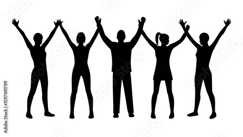 Silhouette Unity: A collective of figures stand together with arms raised high, representing togetherness, solidarity, and shared goals, embodying the essence of collaboration, support.