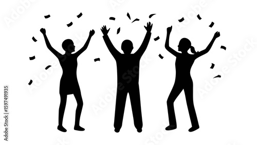 Triumphant Silhouette: A trio of individuals joyfully celebrate a moment of triumph, confetti raining down in a stylish and dynamic display of achievement.