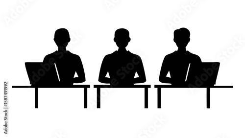 Team of Silhouetted Professionals: A group of three anonymous professionals concentrate diligently at their desks, their forms rendered in striking silhouette against a simple backdrop.