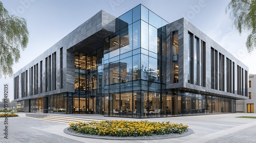 Modern glass building with unique geometric folded - surface shape, glass curtain wall with internal warm light, steps and open square in front, adjacent to water and distant mountains, creating an ar