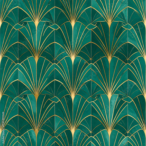 A decorative art deco pattern with teal and gold fan shapes for design purposes.