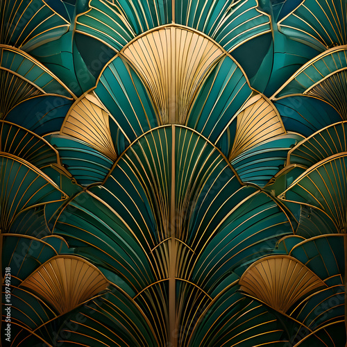 A decorative pattern featuring elegant, stylized leaves in teal and gold tones.