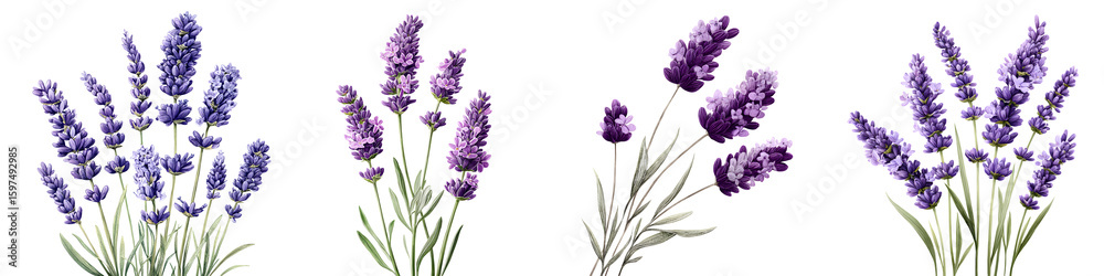 Obraz premium Watercolor Lavender Sprigs: Floral Illustration on White Background