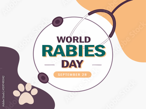World Rabies Day Illustration with Stethoscope Paw Print Circle and Text for Awareness on September 28th