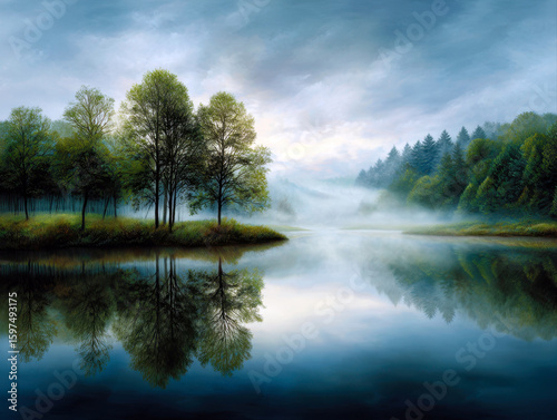 Wallpaper Mural This tranquil landscape captures the stillness of nature, with mist hovering over a reflective lake surrounded by lush greenery and towering trees, evoking a sense of peace and serenity. Torontodigital.ca