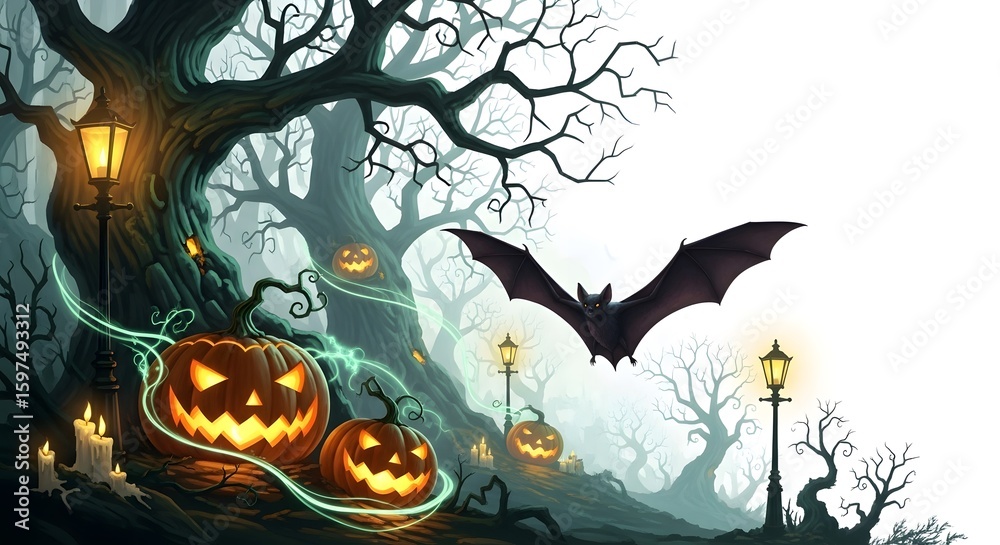 Fototapeta premium Spooky Halloween night scene with bat flying over glowing pumpkins, candles, and vintage lamps in a misty forest with eerie trees