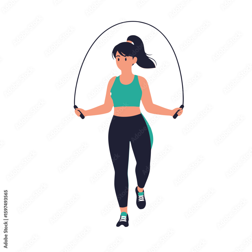 Obraz premium A woman in athletic wear actively skipping rope, engaged in a healthy exercise routine.