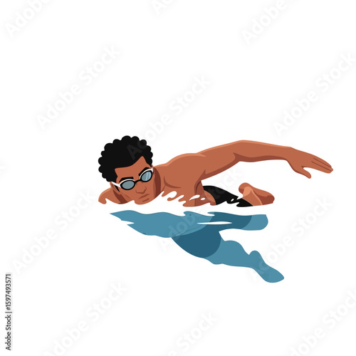 A man with dark curly hair and goggles swims the butterfly stroke in blue water, his body partially submerged and creating ripples.
