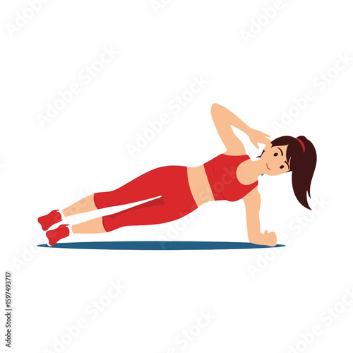 Woman performing a side plank exercise, showcasing core strength and fitness.