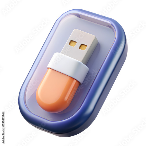 Orange and white usb flash drive in a clear blue case