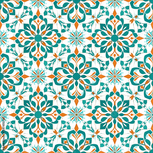 A symmetrical floral pattern featuring teal, orange, and white colors.
