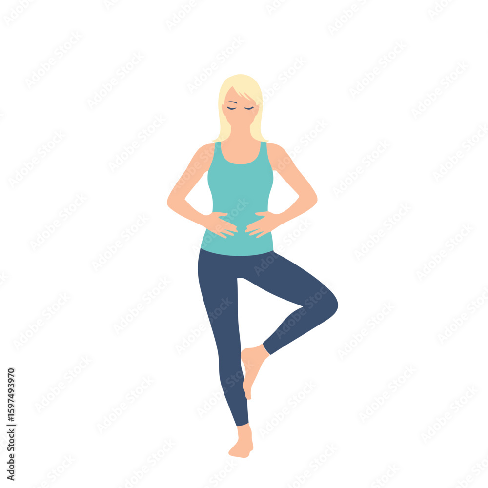 Fototapeta premium A blonde woman in blue sportswear is practicing yoga, standing in the tree pose with hands clasped near her stomach, isolated on a white background.