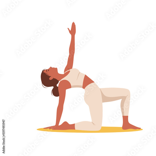 A woman in a white outfit performs a yoga pose, kneeling with one arm raised and her back arched, on a yellow mat.