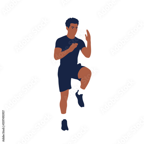A stylized illustration of a dark-skinned man in athletic wear performing a high knee exercise, raising his knee and opposite arm.