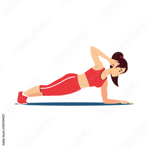 Woman in red sportswear performing a side plank exercise with elbow to knee movement on a blue mat.