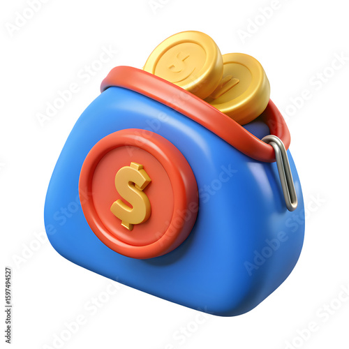 Blue coin purse overflowing with gold coins and dollar sign
