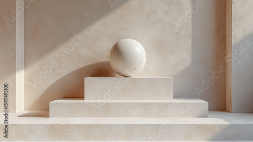 Cream Sphere on Textured Off White Stepped Platform, Soft Light