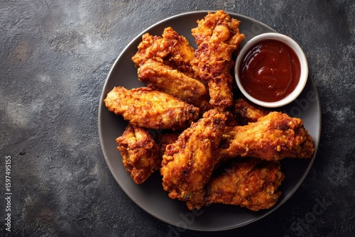 Crispy Fried Chicken Wings on Plate with Dipping Sauce