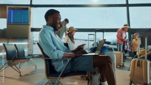 A man sits in an airport, using a laptop and a credit card, other travelers are in the background.