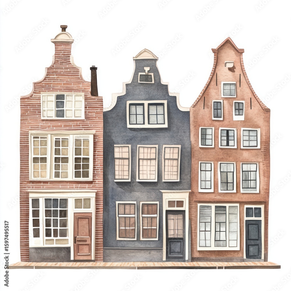 Fototapeta premium Vintage Dutch townhouses architecture illustration watercolor.