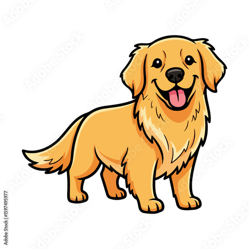Golden retriever cartoon, colored cartoon with line art and white background. AI generated image.