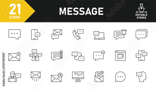 Message line icon set. Set of 21 outline icons related to message, chat, mail, speech bubbles, communication, bubble and others. Editable stroke. Vector illustration.