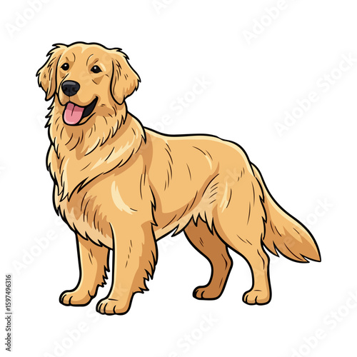Golden retriever cartoon, colored cartoon with line art and white background. AI generated image.