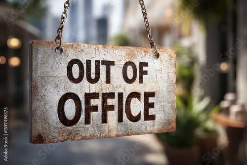 Sign indicating out of office status hanging in a blurred urban setting with greenery and buildings in the background