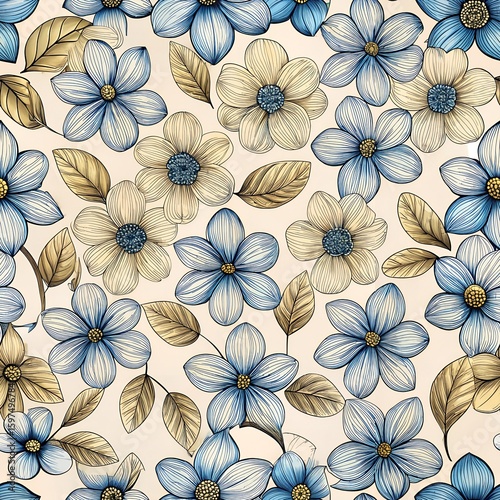 Seamless flower fabric texture flower drawing illustration white and blue flowers