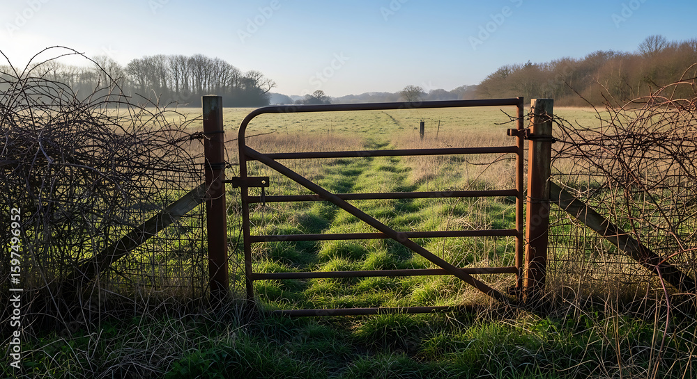 Fototapeta premium Rustic Gate in Countryside Field An Inviting Entrance to Nature's Tranquility