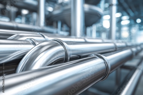 Shiny stainless steel pipes interconnected in a modern food processing facility under bright fluorescent lights